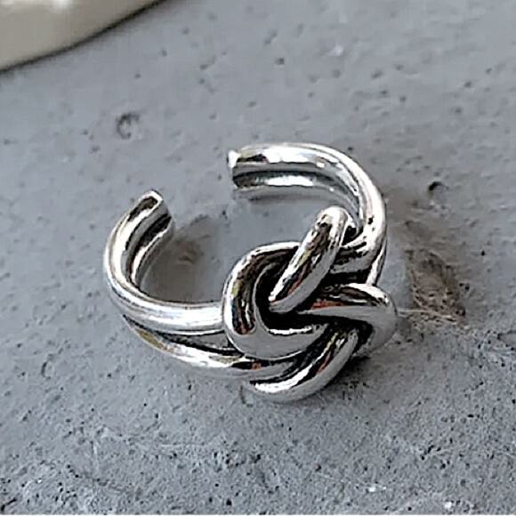 Sterling Silver Knot Tie Adjustable Cuff Minimalist Ring - Picture 1 of 4